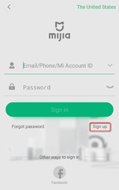 click on Sign up to register a Mi Home account